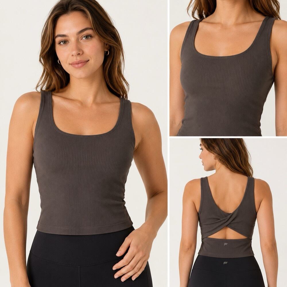 Fabletics Oasis Twist Rib Built-In Bra Tank Women Large Taupe Slate Crop Ribbed